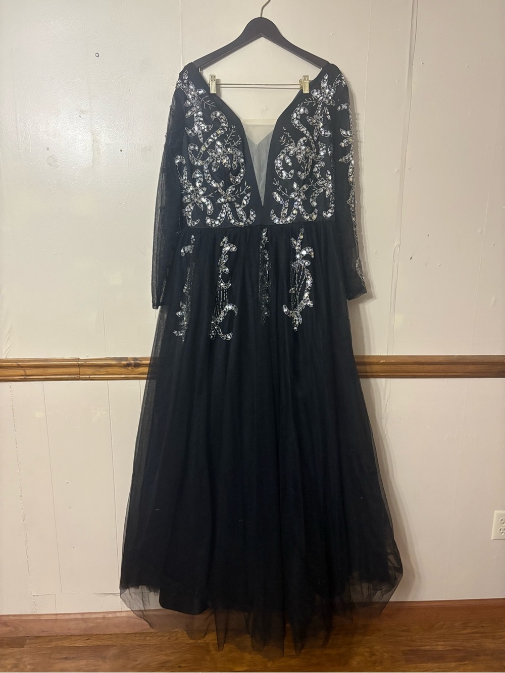 Sydney's Closet Black Long Sleeve Beaded Evening Gown